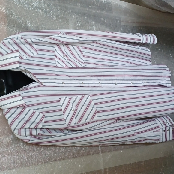 ELY Cattlemen Pearl Snap Shirt, Tall, 17.5 x 37, white with red & blue stripe - Picture 1 of 4